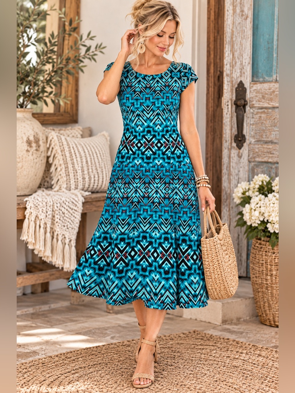 Anne Klein Geometric Print Fit & Flare Midi Dress Vibrant Aqua Blue Size 12